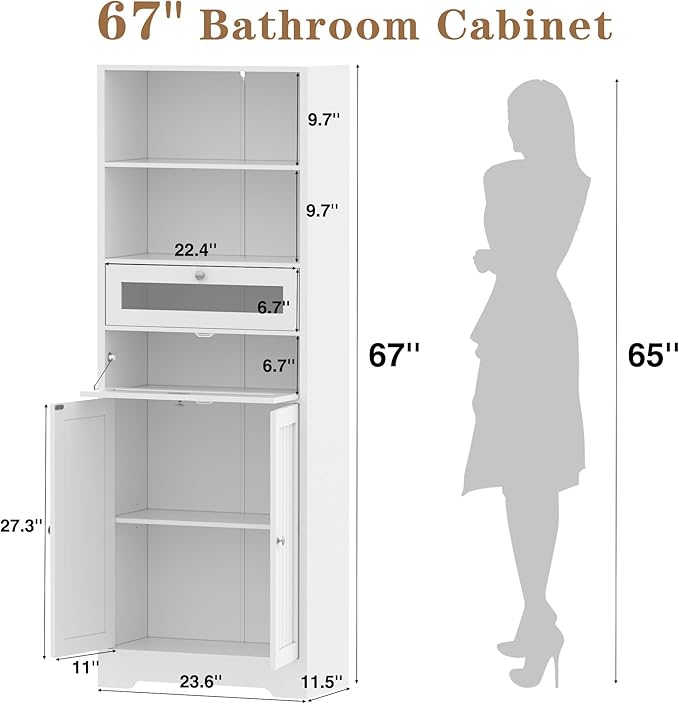 MU 67" Tall Bathroom Storage Cabinets, Modern Linen Cabinet with Doors & Shelves & Drawer, Tall Freestanding Storage Cabinet for Bathroom, Living Room, Kitchen, Pantry, White