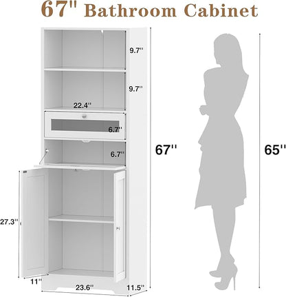 MU 67" Tall Bathroom Storage Cabinets, Modern Linen Cabinet with Doors & Shelves & Drawer, Tall Freestanding Storage Cabinet for Bathroom, Living Room, Kitchen, Pantry, White
