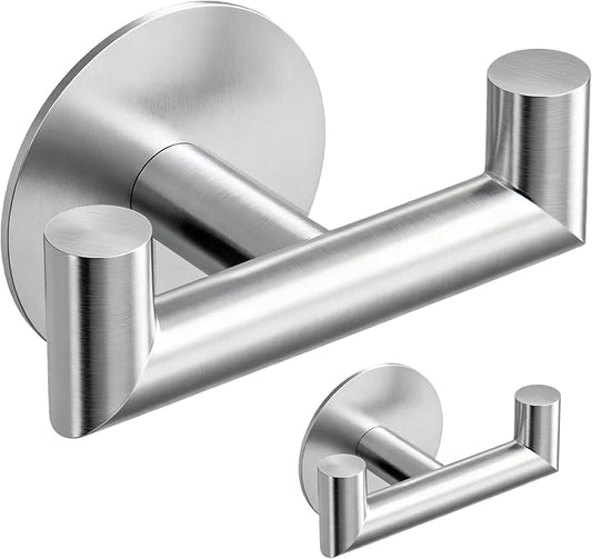 2 Pack Brushed Nickel Bathroom Hooks for Towels - Self Adhesive Double Hooks for Wall, No Drilling, Stainless Steel 304, Strong Hold for Robes, Coats, Shower Use
