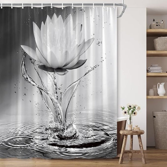 Lotus Shower Curtain Black White Grey Flower Elegant Blooming Floral with Dew Spring Flower Reflection on Water Modern Romantic Polyester Fabric Bathroom Decor 70×70 Inch with Hook