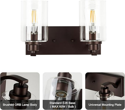 2-Light Bathroom Light Fixtures Modern ORB Vanity Lights for Bathroom Lighting Fixtures Over Mirror with Clear Glass Shade for Cabinet Mirror Bedroom Hallway