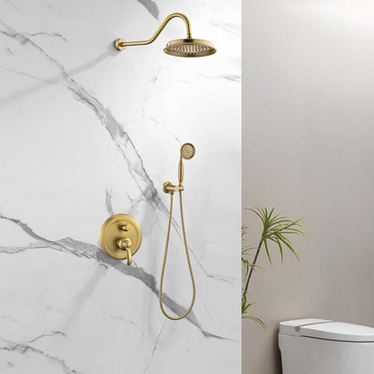 Antique Shower Head Faucet Set,Brushed-Gold Vintage Wall Mount Shower Faucets Combo With Handheld Spray,Bathroom Rainfall Shower System Trim Kit With Brass Pressure Balance Valve & 9''Shower Head