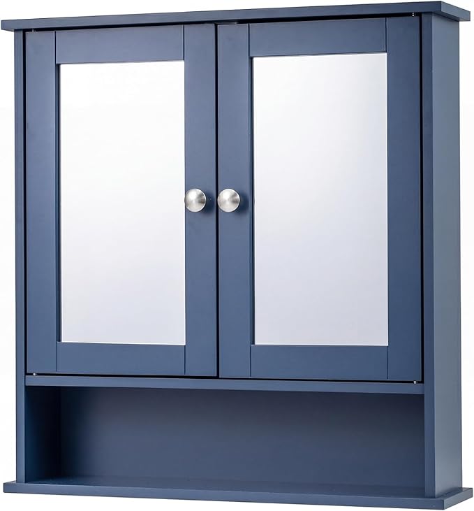 Tangkula Bathroom Medicine Cabinet with Mirror, Wall Mounted Wooden Hanging Organizer with Doors and Shelves, Bathroom Wall Mirror Cabinet (Mirror Doors, Blue)