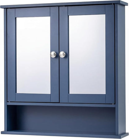 Tangkula Bathroom Medicine Cabinet with Mirror, Wall Mounted Wooden Hanging Organizer with Doors and Shelves, Bathroom Wall Mirror Cabinet (Mirror Doors, Blue)