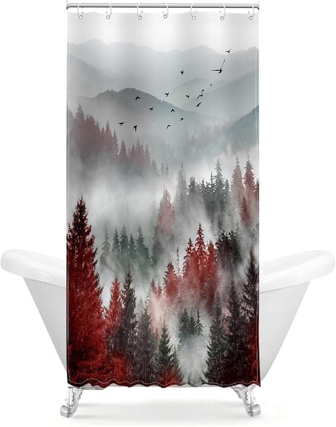 Riyidecor Stall Half Small Rv Shower Curtain 36Wx72H Inch Red Black Mountain Single Stand Up Camp Narrow Scenery Nature View Woodland Pine Tree Bathroom Decor Fabric Polyester Waterproof 7 Pack Hooks