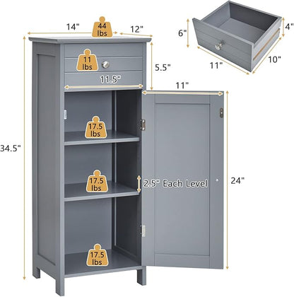 COSTWAY Bathroom Storage Cabinet, Single Door Floor Cabinet with Drawer and 3-Level Adjustable Shelves, Modern Side Storage Organizer with Anti-Tipping Device for Living Room, Bedroom (Gray)