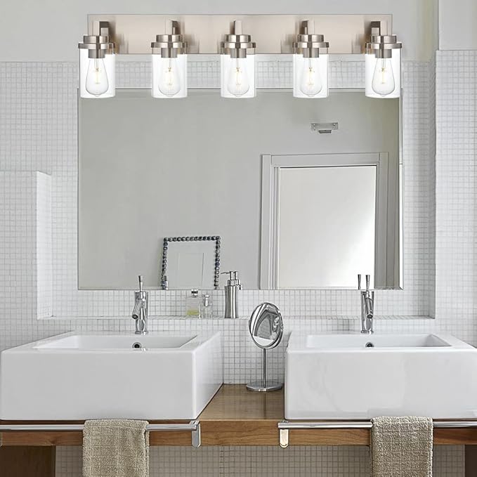 MELUCEE 5-Light Bathroom Vanity Light Brushed Nickel Finish with Clear Glass Shade, Modern Wall Mount Light Fixtures for Bedroom Powder Room Hallway