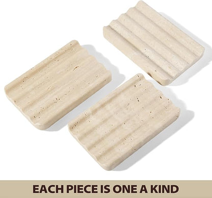 Koville Natural Travertine Soap Dish for Bathroom Shower, Marble Soap Tray Travertine Dish for Bathroom, Stone Soap Tray for Sink, Stripe Grooves Soap Saver Keep Soap Bars Dry Easy Clean