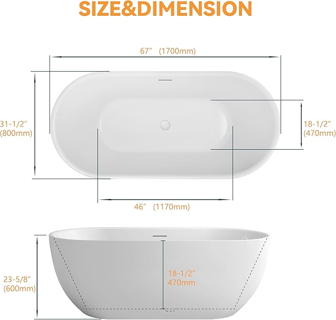 67" Acrylic Freestanding Bathtub, Contemporary Freestanding Tub with Overflow and Drain, cUPC Certified, Gloss White