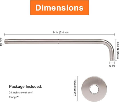 HarJue Shower Arm with Flange and Teflon Tape, Wall Mounted Shower Pipe 304 Stainless Steel Extension Arm for Fixed Shower Head & Handheld (24 Inch, Brushed Nickel)