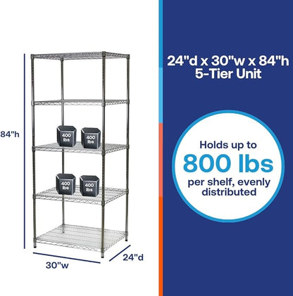 Shelving Inc. 24" d x 30" w x 84" h Chrome Wire Shelving with 5 Tier Shelves, Weight Capacity 500lbs Per Shelf