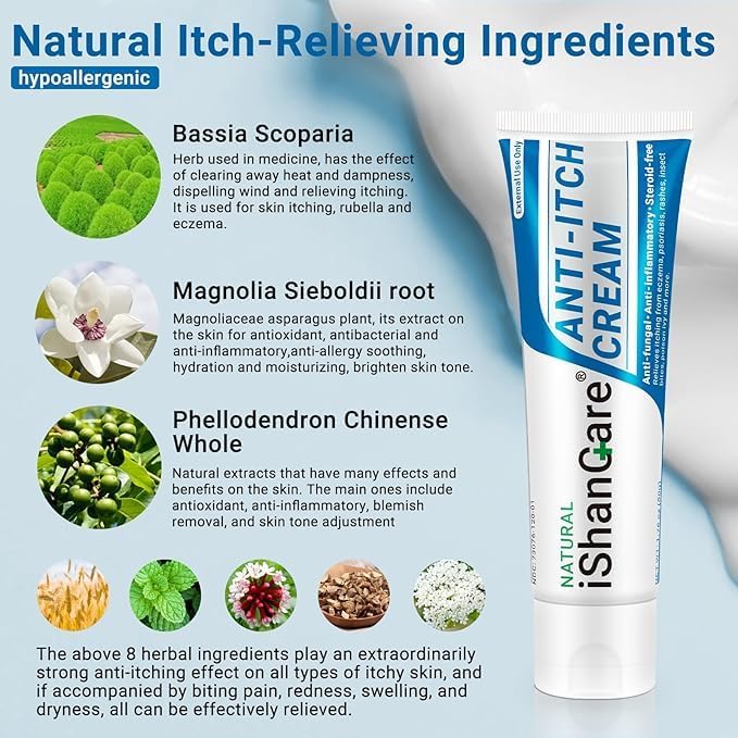 ishancare Anti Itch Soothing Cream Extra Strength Skin Itch Relief Ointment, for Full Body Itching Caused by Seasonal Changes, Dermatitis, Eczema, Rash, Psoriasis, Hives, Bites, Poison Ivy, 1.76 oz