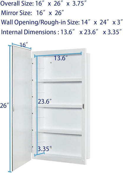Plastic Medicine Mirror Cabinet for Bathroom 16 x 26 inch, Surface and Recessed Mount