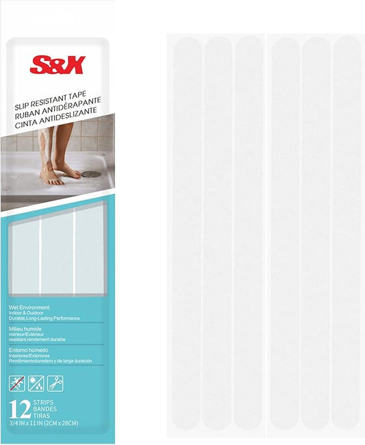 S&X Non-Slip Stickers for Bathtubs & Showers 24-Pack Waterproof Safety Strips, 3/4" x 11" - Fine Grit Grip for Anti-Skid Protection - Clear Adhesive Safety for Shower and Tub