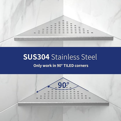 8'' Corner Shower Shelf 2 Pack, 304 Stainless Steel Grout in Shelves for Tiled Wall, Recessed Bathroom Shelf Rack, No Drilling Needed (8'', Silver)