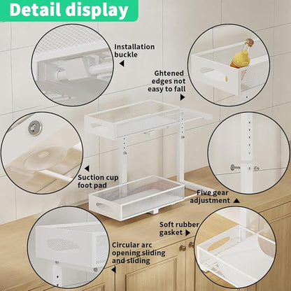 Under Sink Organizer, 2-Tier Pull Out Cabinet Organizer with Adjustable Height, Use in Kitchen Bathroom Cabinet and Countertop Storage, White, 2-Pack