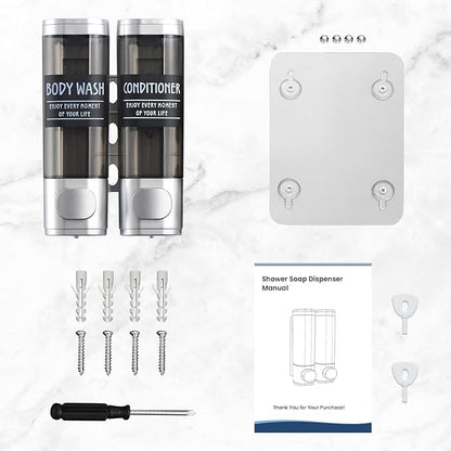 Shampoo and Conditioner Dispenser,GlintGath Shower Dispenser 2 Chamber No Drill Shampoo Dispenser for Shower Wall Mounted Shower Soap Dispenser for Bathroom Hotel,2 * 300ML,Silver