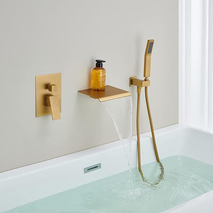 Wall Mount Tub Filler Waterfall Tub Faucet Brushed Gold Bathtub Faucet Brass Single Handle Bathroom Faucet with Hand Shower