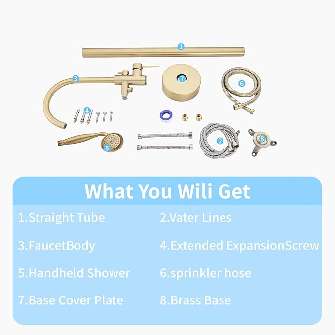 Freestanding Tub Filler Brushed Gold Floor Mount Bathtub Faucet Bathroom,Rough-in Valve 2 Function Handshower for Tub Rinsing Bathing,Anti-Wobble Base,Telephone-Shape Handheld