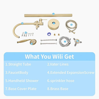Freestanding Tub Filler Brushed Gold Floor Mount Bathtub Faucet Bathroom,Rough-in Valve 2 Function Handshower for Tub Rinsing Bathing,Anti-Wobble Base,Telephone-Shape Handheld