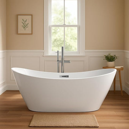 59 Inch Acrylic Freestanding Bathtub, Soaking Bathtub with Matte Drain and Overflow, Modern Square Tub with Deep Ergonomic Design, Double-Walled Insulation for Bathroom Relaxation, cUPC Certified