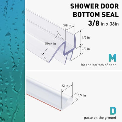 Shower Door Bottom Seal, 2 PCS 3/8" x 36" Shower Door Sweep for 3/8 Inch Glass, Frameless Glass Shower Door Seal Strip, Stop Shower Leaks and Create a Water Barrier