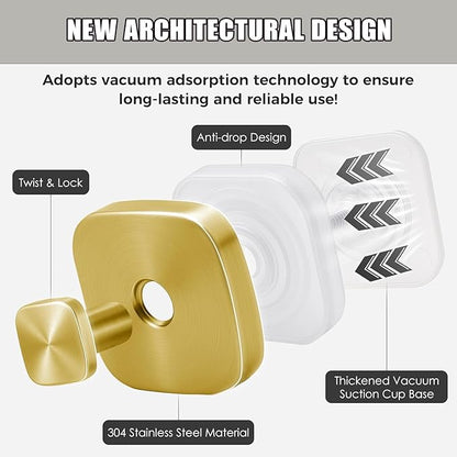 2Pcs Square Suction Cup Hook, 304 Stainless Steel Shower Hook, Removable Suction Cup Knob for Shower, Bathroom, Kitchen, Glass Door, Mirror (Gold)