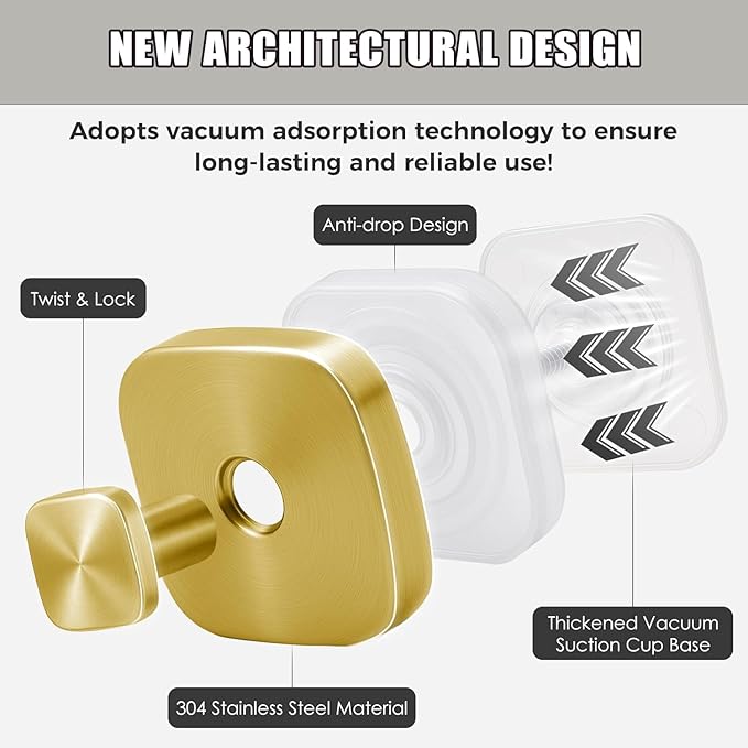 4Pcs Square Suction Cup Hook, 304 Stainless Steel Shower Hook, Removable Suction Cup Knob for Shower, Bathroom, Kitchen, Glass Door, Mirror (Gold)