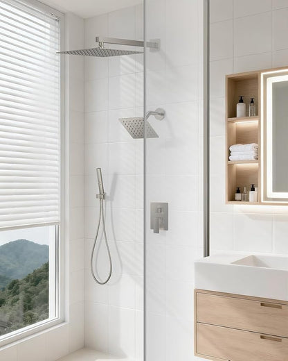 Shower Faucet Set, Wall Mount Shower System 12-inch & 6-inch Dual Shower Head Set with 2 in 1 Handheld Spray Rain Shower Faucet with Rough-in Valve and Shower Trim Kit, Brushed Nickel