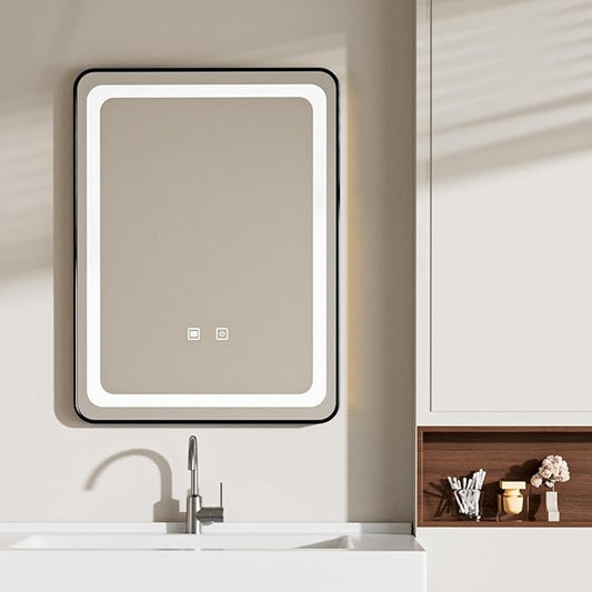 LED Bathroom Mirrors with Lights,24" x 36" Black Square LED Mirror for Bathroom,Fogless,3 Colors Dimmable, Touch Sensor