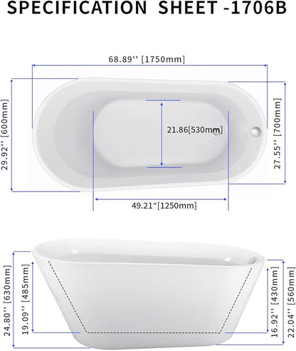 69" Acrylic Freestanding Bathtub, Single Slipper Free Standing Tub, Soaking Tub with Integrated Slotted Overflow, Toe-Tap Chrome Drain, cUPC Certified, Glossy White