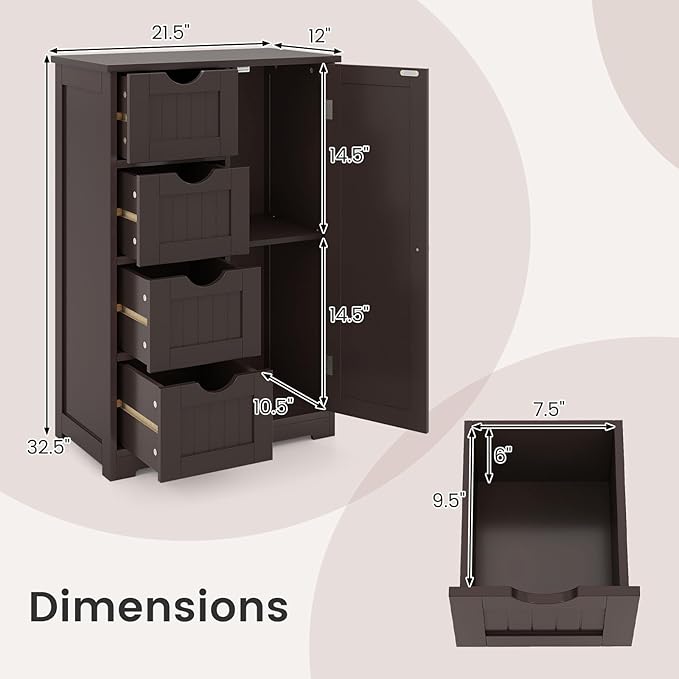 Tangkula Bathroom Floor Cabinet, Freestanding Storage Cabinet with 4 Drawers & Single Door, Adjustable Shelf, Multipurpose Bathroom Storage for Home Office, 21.5 x 12 x 32.5 Inches (Coffee)