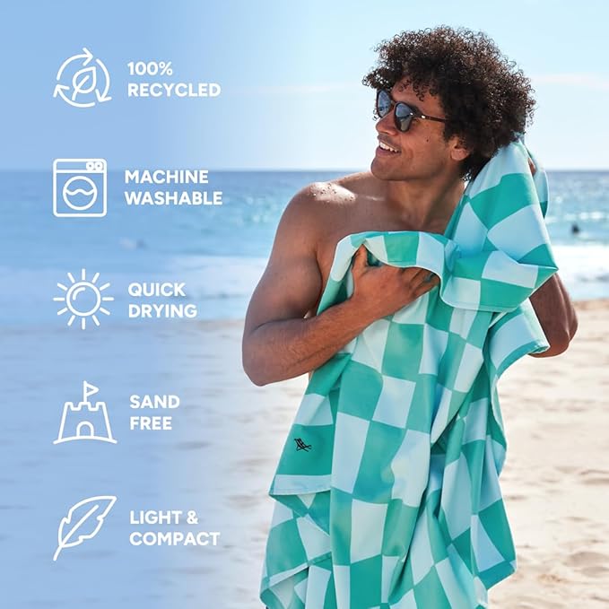 Dock & Bay Beach Towel - Quick Dry, Sand Free - Compact, Lightweight - 100% Recycled - Includes Bag - Check Mate - Large (160x90cm, 63x35)