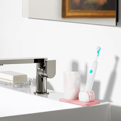 Ceramic Toothbrush Holder & Toothbrush Cup with Diatomite Tray for Bathroom, Bathroom Tumbler Cups Reusable Toothbrush Mouthwash Cup, Shower Counter Storage Organizer (Pink)