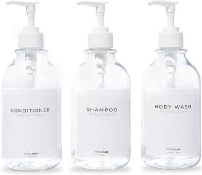 MaisoNovo Refillable Shampoo and Conditioner Bottles | 16.9 fl oz Set of 3 Clear Plastic Bottles White Pumps