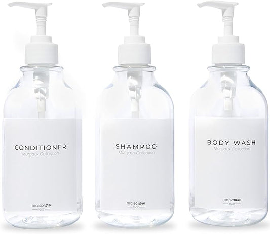 MaisoNovo Refillable Shampoo and Conditioner Bottles | 16.9 fl oz Set of 3 Clear Plastic Bottles White Pumps