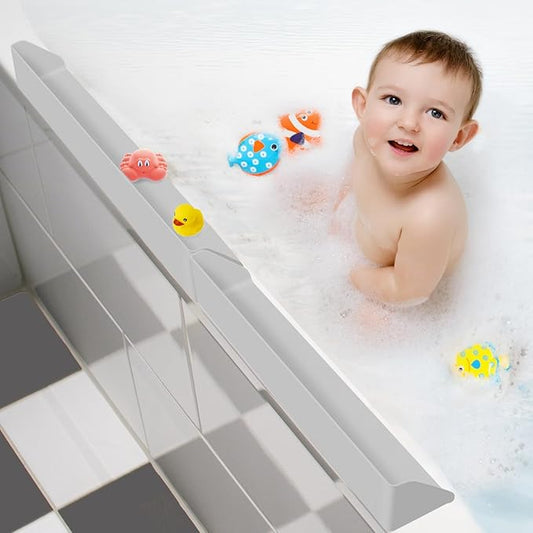 Splash Guard for Bathtub, 3.8" x 3.6" Silicone Bath Tub Splash Guard with 6 Suction Cups, Bathtub SplashGuard Play Shelf Area for Kids with 3°Drainage Slope for Faster Drying - 2 Packs Grey