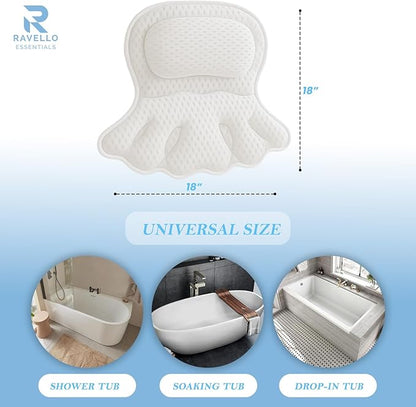 Bath Pillow for Tub | 4D Air Mesh Fabric - Plush Bathtub Pillow for Neck & Back Support, Hot Tub Pillow with 6 Non-Slip Suction Cups | Spa Pillow for Relaxation and Comfort (White).