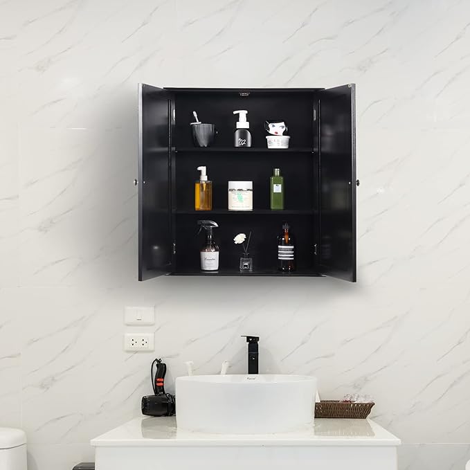 Blcak Bathroom Cabinet Wall Mounted, Bathroom Wall Cabinet Over Toilet, Hanging Cabinet for Bathroom, Bathroom Medicine Cabinet with 2 Doors and Adjustable Shelves, Wood