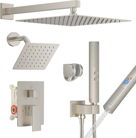 Shower Faucet Set, Wall Mount Shower System 12-inch & 6-inch Dual Shower Head Set with 2 in 1 Handheld Spray Rain Shower Faucet with Rough-in Valve and Shower Trim Kit, Brushed Nickel