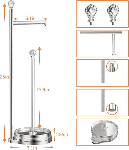 Toilet Paper Holder for Bathroom, Heavy Weighted Metal Free Standing Toilet Paper Holder Stand with Crystal Ball, Toilet Paper Roll Stand for Bathroom Accessories