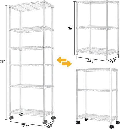 6 Tier Storage Racks Shelving, Heavy Steel Pantry Shelves, Adjustable Wire Shelving Rack with Wheels, Suitable for Garage, Kitchens, Offices, 24" W x 14" D x 72" H, Grey Silver