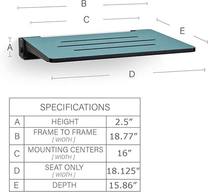 18 inch Silhouette Slimline Folding Wall Mount Shower Bench Seat, Teal Seat with Matte Black Frame