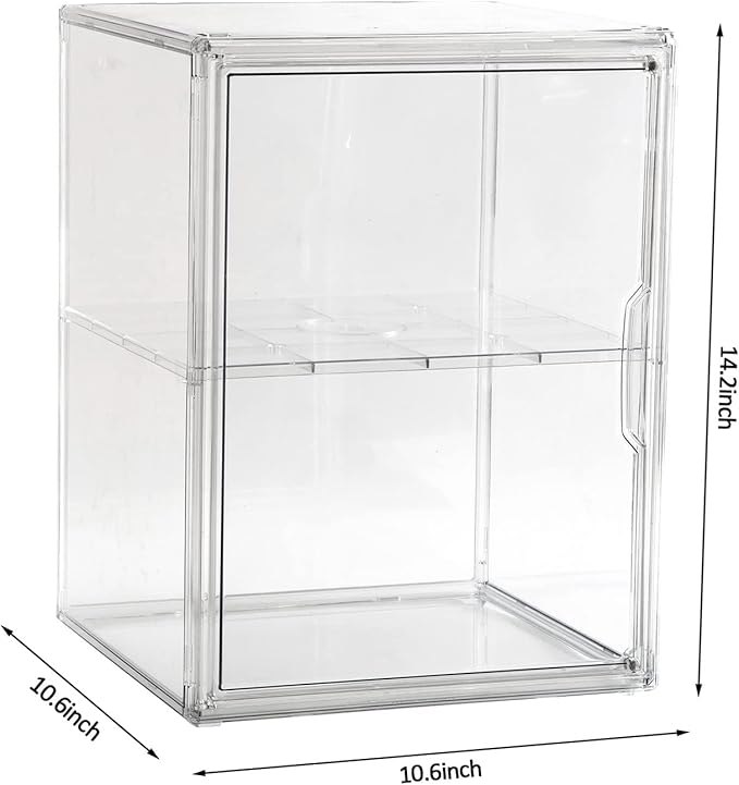 X-Large 2 Tiers 14.2"X10.6"X8" Acrylic Display Case with 1 Division Board, Clear Organizer Box Plastic Holder with Magnetic Door for Loungefly Backpack, Handbags, Purses, Boots