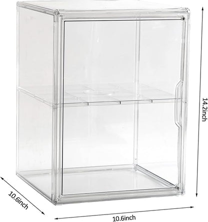 X-Large 2 Tiers 14.2"X10.6"X8" Acrylic Display Case with 1 Division Board, Clear Organizer Box Plastic Holder with Magnetic Door for Loungefly Backpack, Handbags, Purses, Boots