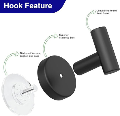 Suction Cup Hooks for Shower, Stainless Steel Towel Hooks for Bathroom Wall, Glass Door, Kitchen, Mirror, Tile, Shower Hooks for Hanging Towels, Robes, Bath Balls (2 Pack，Black)