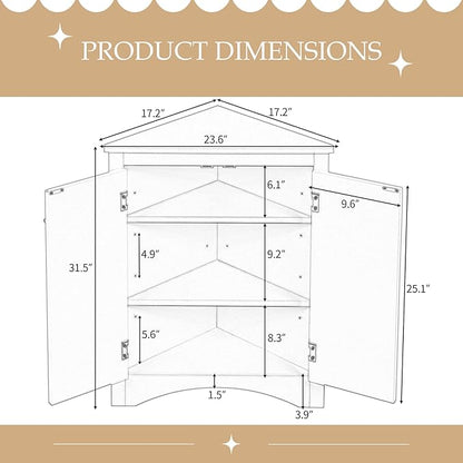 Corner Storage Cabinet with Adjustable Shelves, Triangle Bathroom & Kitchen Organizer, Freestanding Floor Cabinet for Toilet Kitchen Bathroom Cleaning Supplies (Oak)