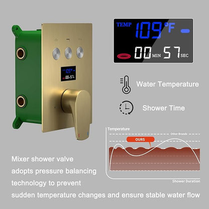 Shower Faucet Set Brushed Gold Shower System with 12 inch and 8 inch Wall Mounted Shower Head, Digital Temperature Display Push Button Shower Fixtures with Handheld Shower
