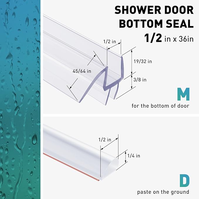 Shower Door Bottom Seal, 2 PCS 1/2"" x 36"" Shower Door Sweep for 1/2 Inch Glass, Frameless Glass Shower Door Seal Strip - Stop Shower Leaks and Create a Water Barrier, Clear