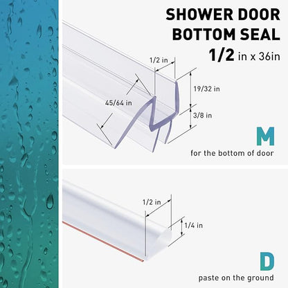 Shower Door Bottom Seal, 2 PCS 1/2"" x 36"" Shower Door Sweep for 1/2 Inch Glass, Frameless Glass Shower Door Seal Strip - Stop Shower Leaks and Create a Water Barrier, Clear